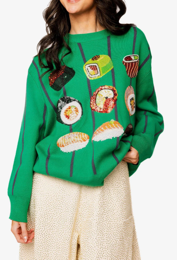 Queen Of Sparkles Green Striped Sushi Sweater