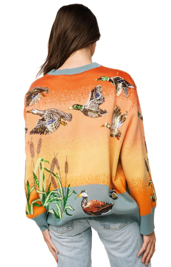 Queen Of Sparkles Ducks Flying Sunrise Sweater