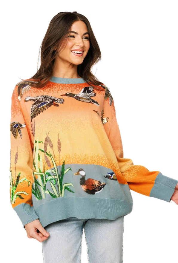 Queen Of Sparkles Ducks Flying Sunrise Sweater