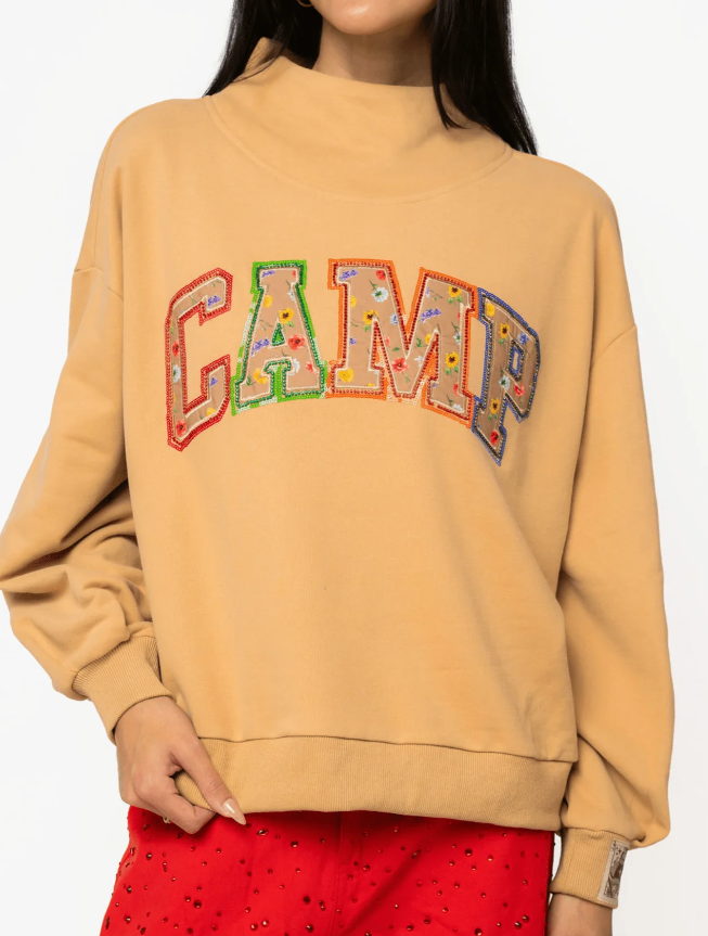Queen Of Sparkles Camel Floral 'Camp' Mock Neck Sweatshirt