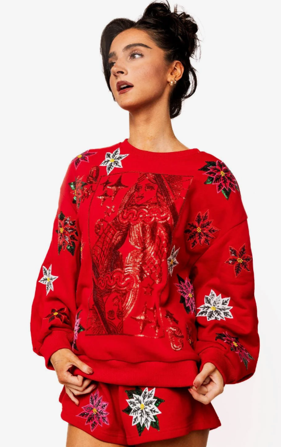 Queen Of Sparkles Red Poinsettia QOS Card Logo Sweatshirt