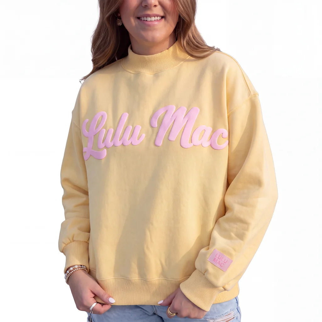 Lulu Mac Butter/Light Pink Script Mock Neck Sweatshirt