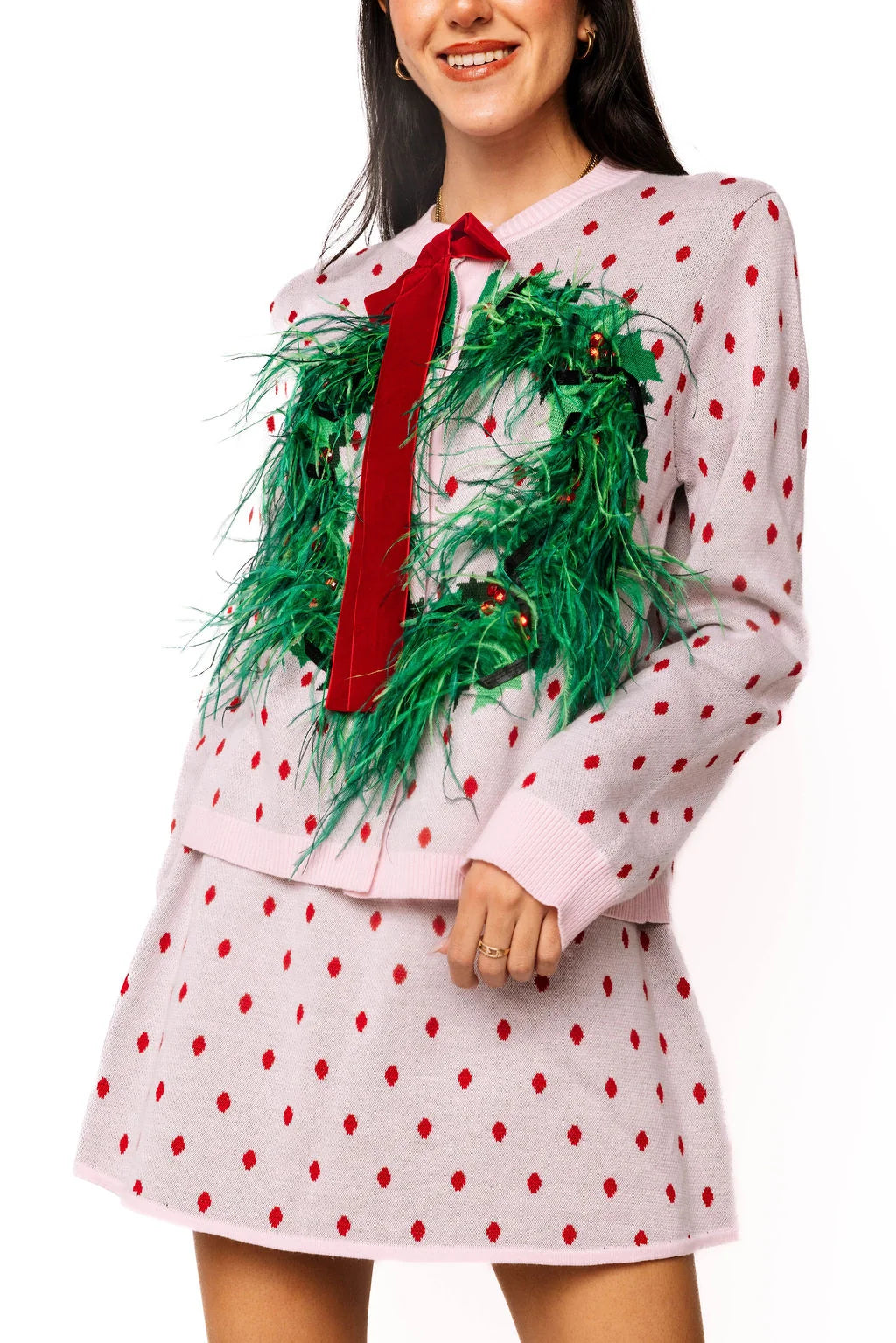 Queen Of Sparkles Light Pink & Red Polka Dot Wreath Neck Knit Sweater
