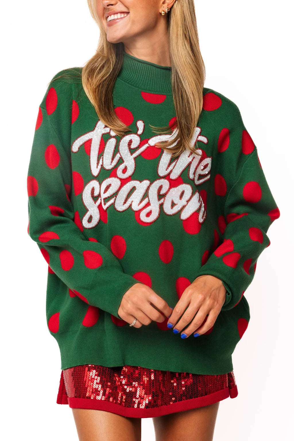 Queen Of Sparkles Green & Red Polka Dot 'Tis the Season' Turtleneck Sweater
