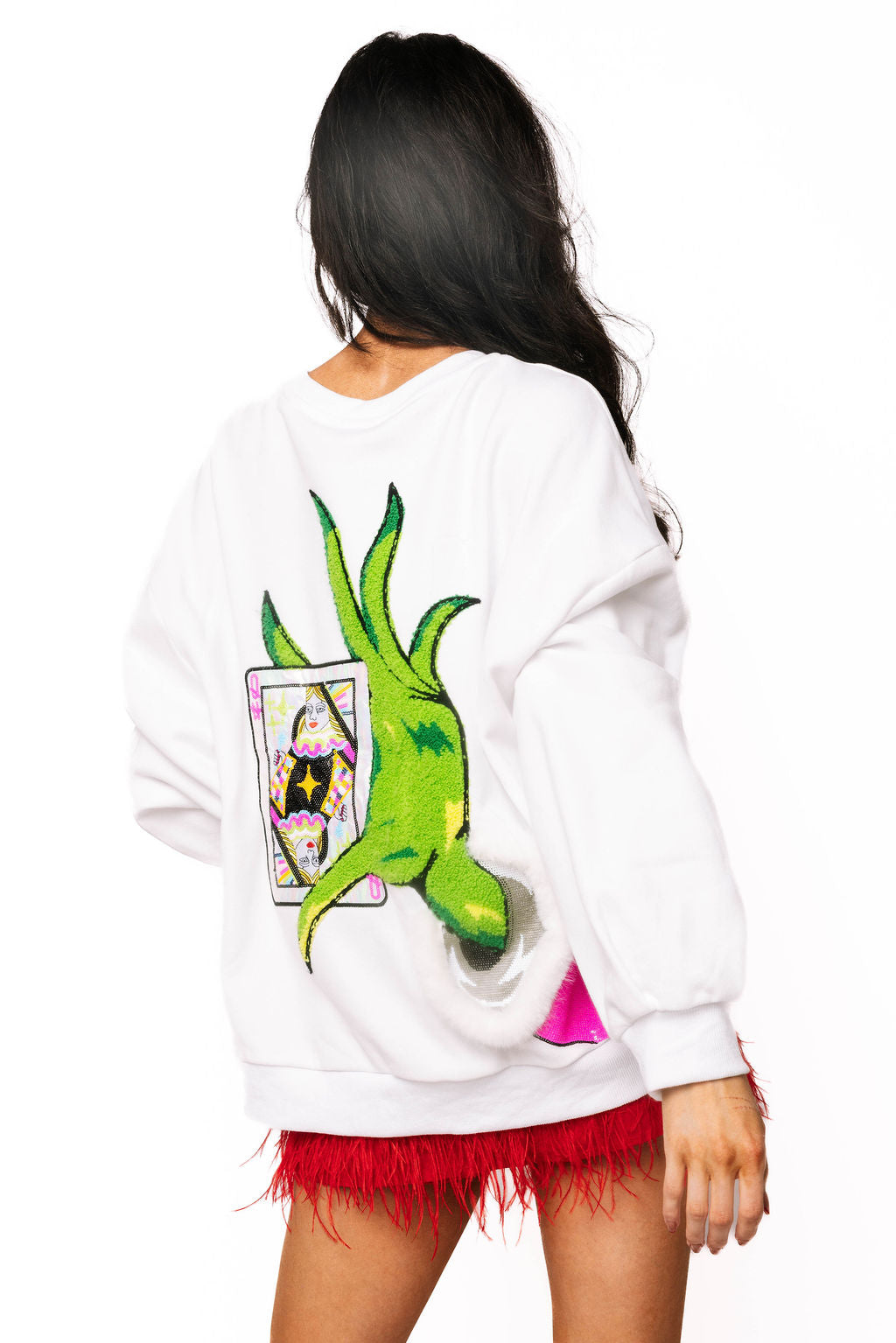 Queen Of Sparkles White & Green Hand Holding QOS Card Sweatshirt