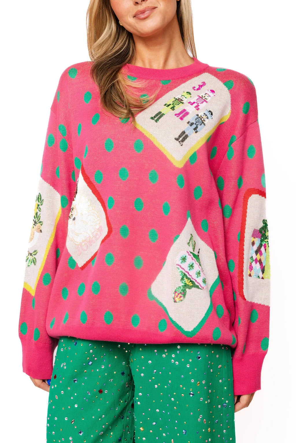 Queen Of Sparkles Pink & Green Polka Dot Christmas Mahjong Tile Sweater