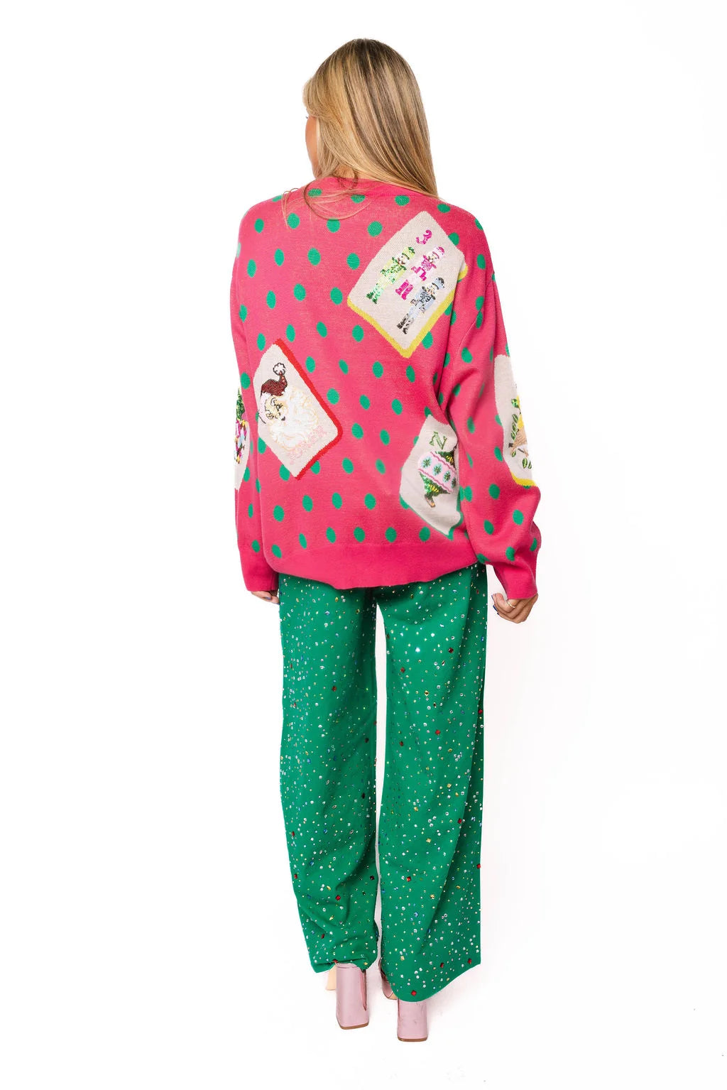 Queen Of Sparkles Pink & Green Polka Dot Christmas Mahjong Tile Sweater