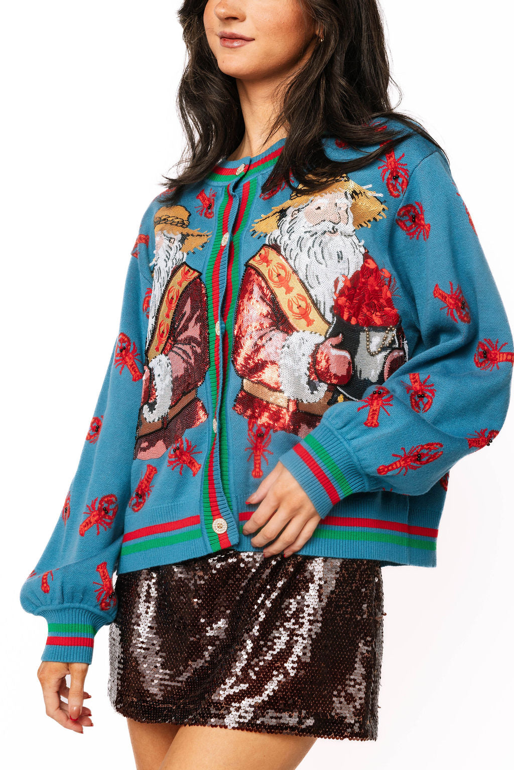 Queen Of Sparkles Blue Crawfish Santa Button Up Cardigan