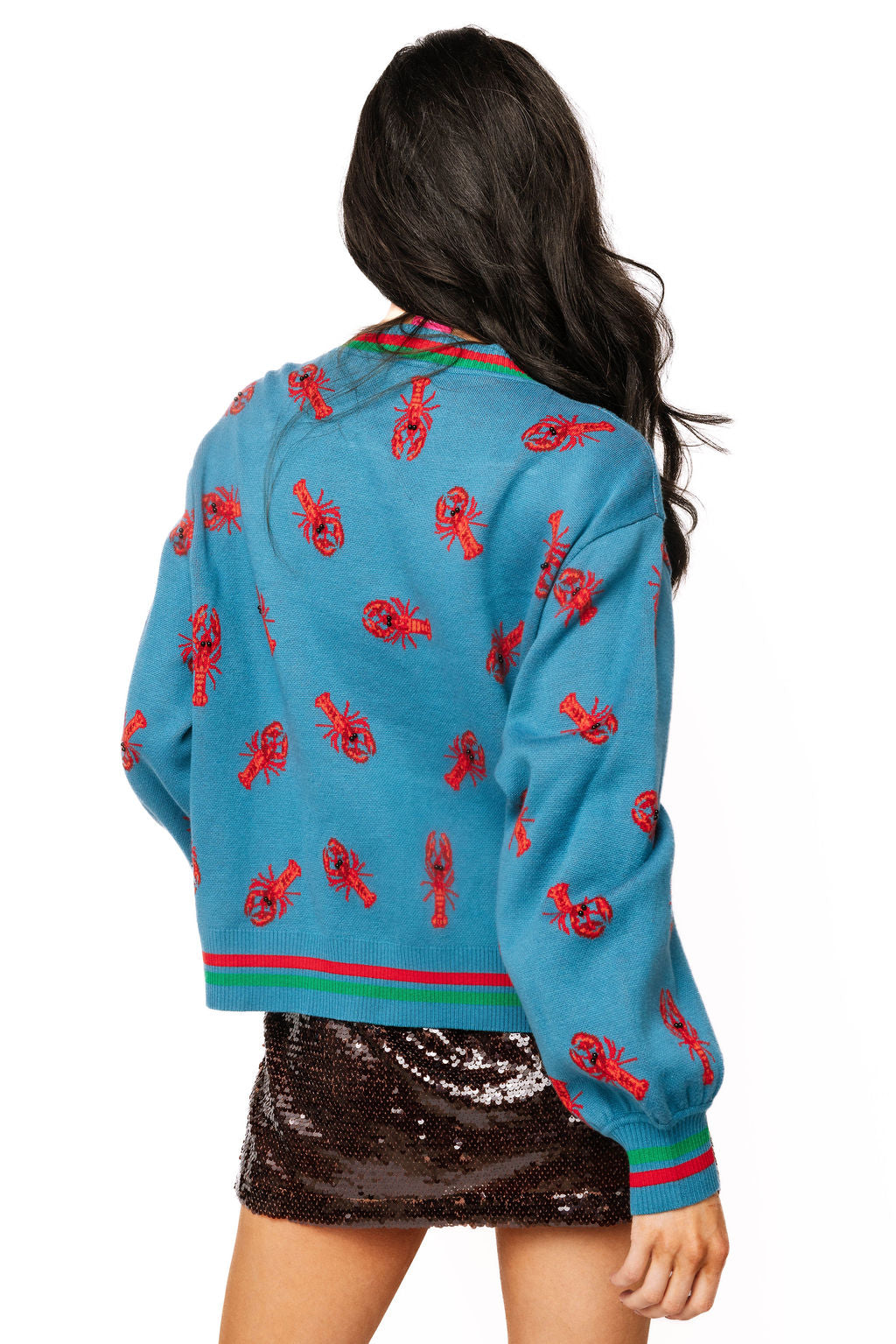 Queen Of Sparkles Blue Crawfish Santa Button Up Cardigan
