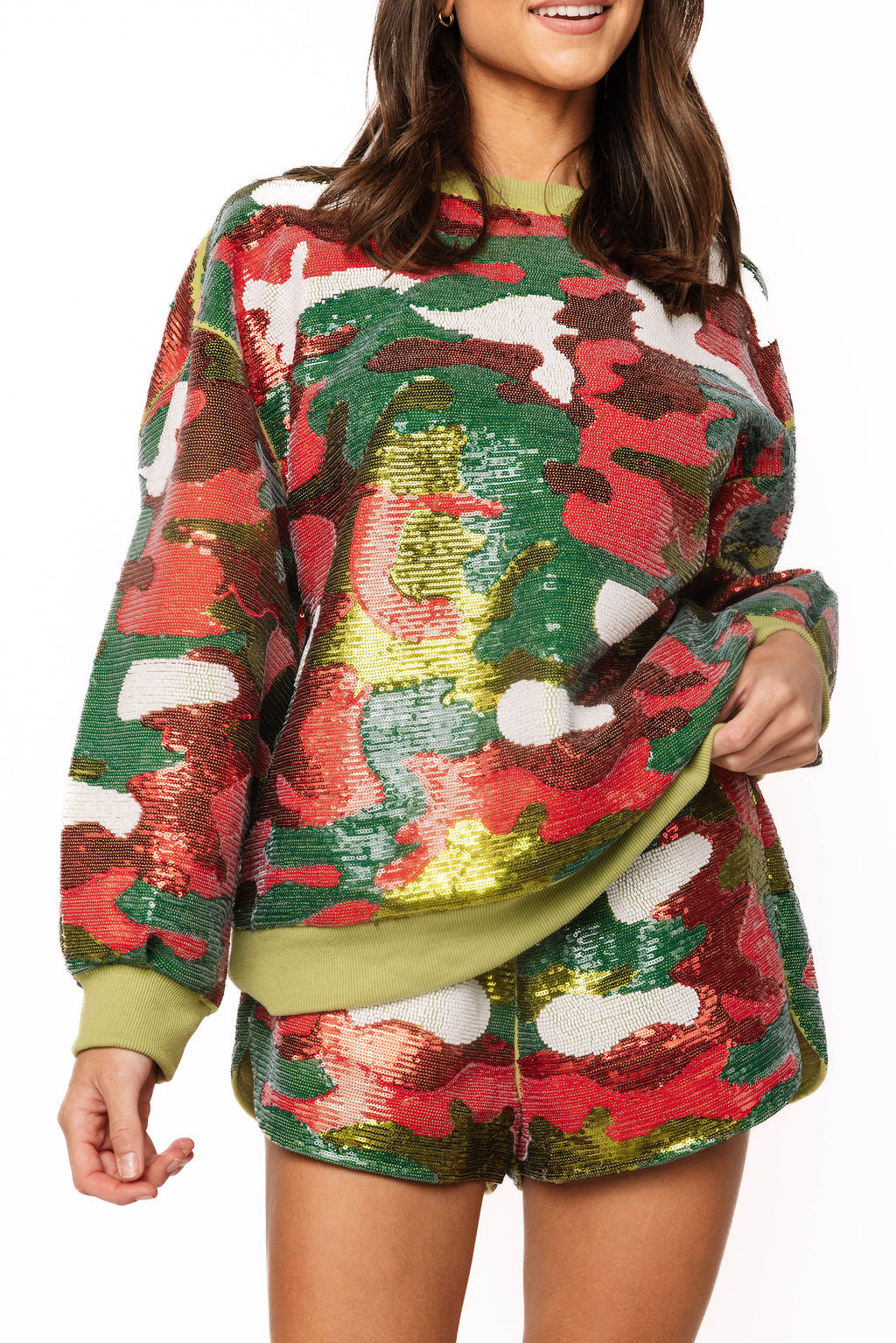 Queen Of Sparkles Red & Green Full Sequin Camo Sweatshirt