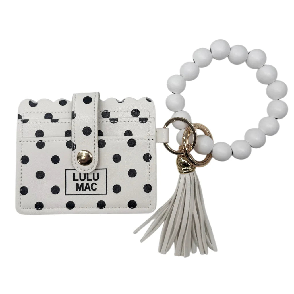 Lulu Mac Beaded Wristlet ID Wallet White/Black Polka Dot