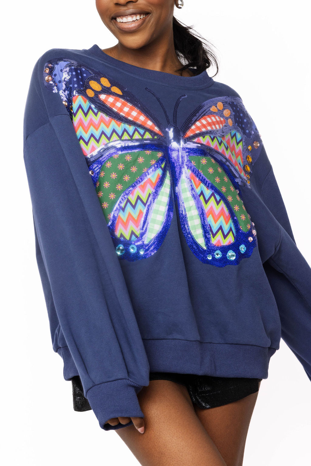 Queen Of Sparkles Navy Patchwork Butterfly Sweatshirt