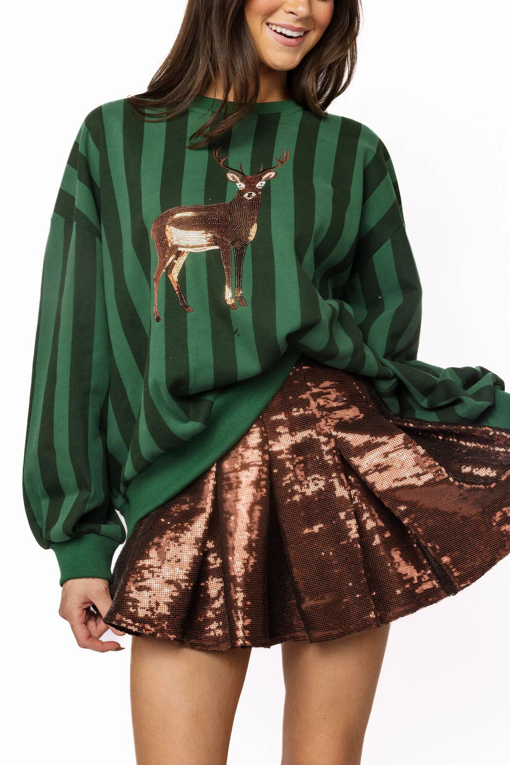 Queen Of Sparkles Green Striped Deer Sweatshirt