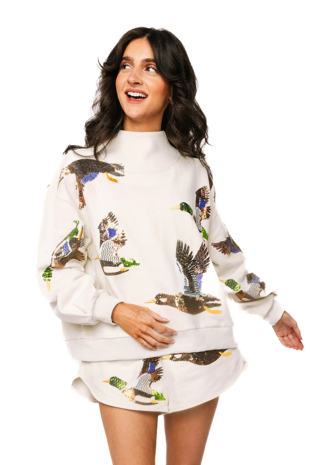 Queen Of Sparkles Ivory Flying Ducks Mock Neck Sweatshirt