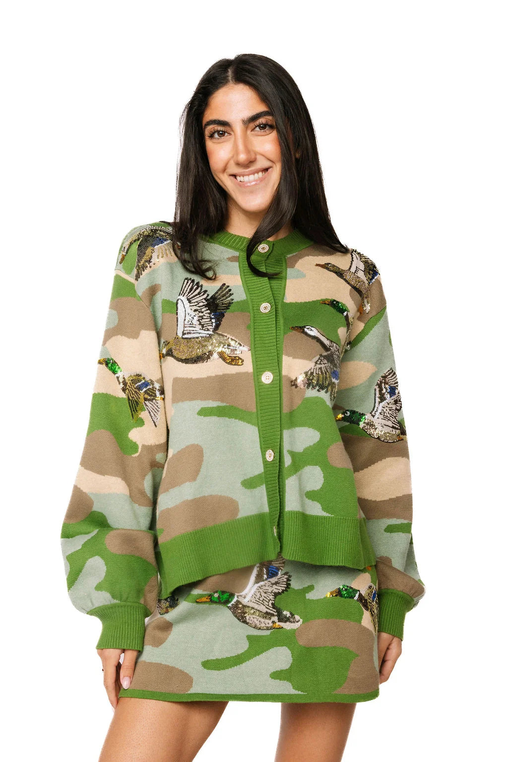 Queen Of Sparkles Green Camo Ducks Flying Cardigan