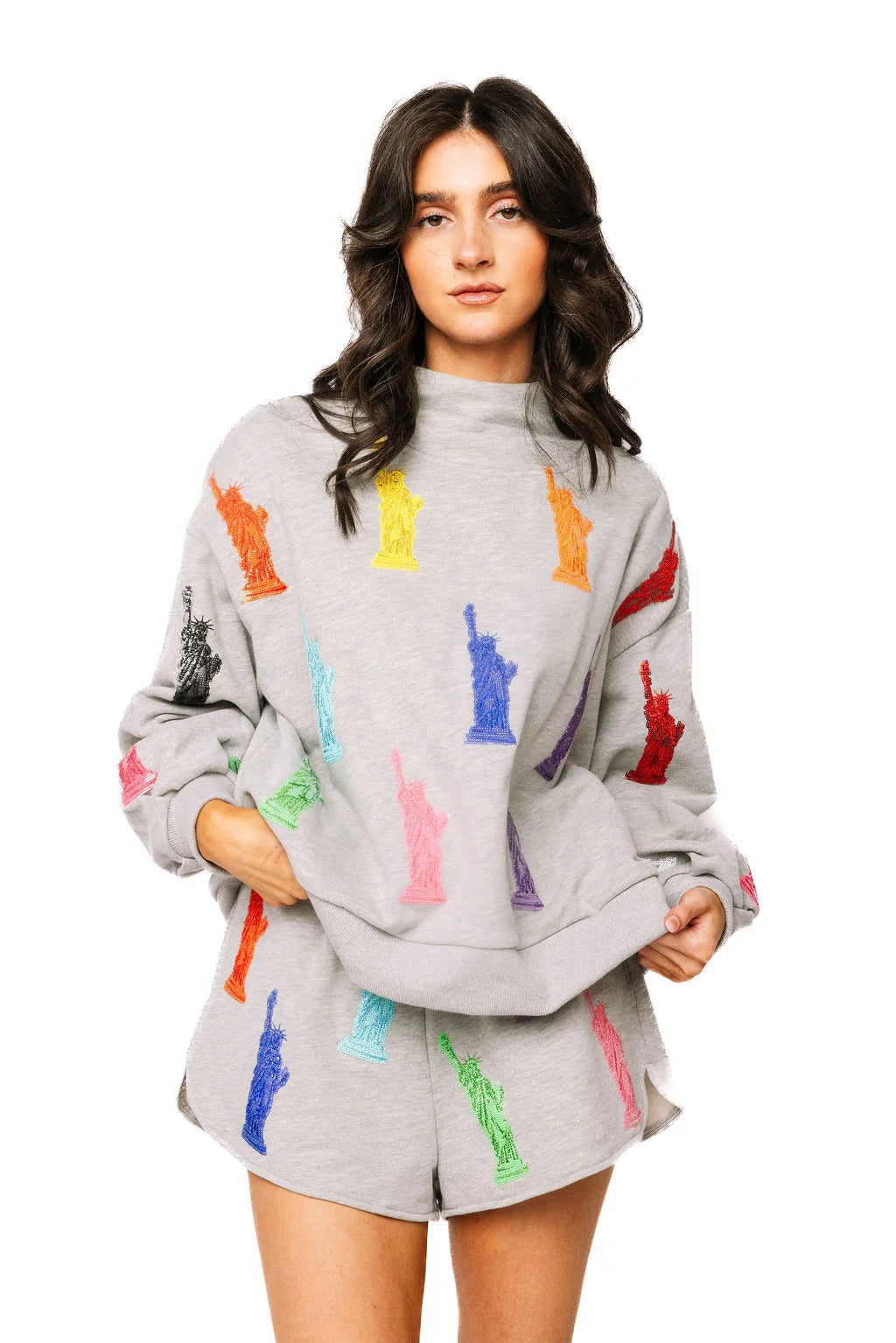 Queen Of Sparkles Grey Statue of Liberty Mock Neck Sweatshirt