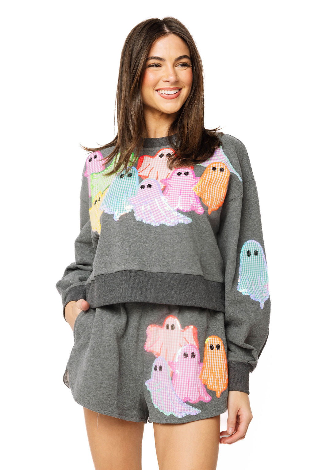 Queen Of Sparkles Charcoal Multi Gingham Ghost Patch Sweatshirt