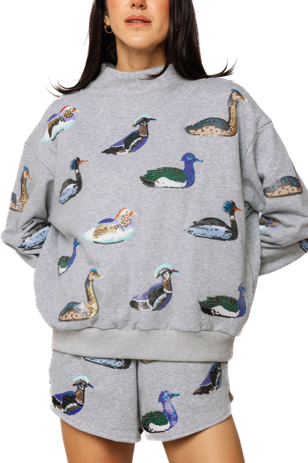 Queen Of Sparkles Dark Grey Multi Duck Mockneck Sweatshirt