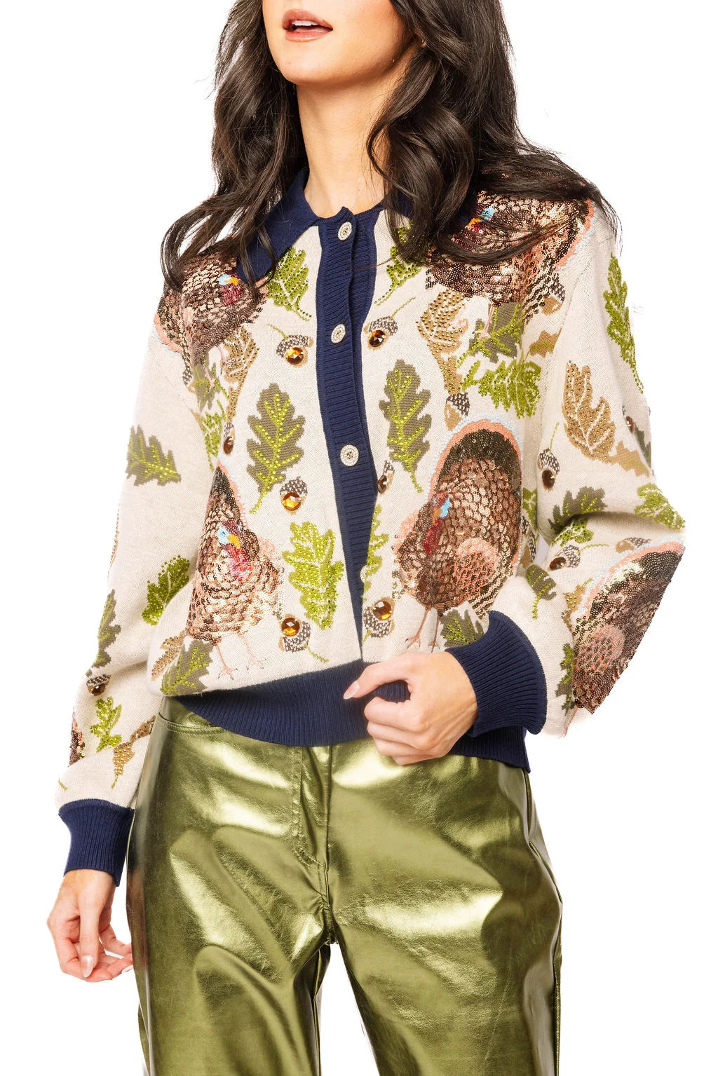 Queen Of Sparkles Navy Trim Button Up Turkey, Leaf & Acorn Button Up Cardigan