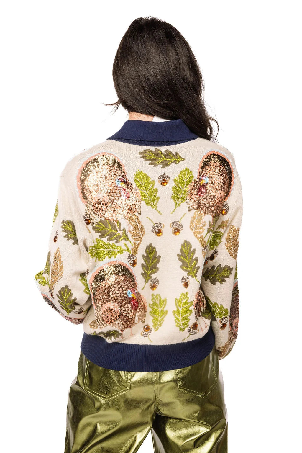 Queen Of Sparkles Navy Trim Button Up Turkey, Leaf & Acorn Button Up Cardigan