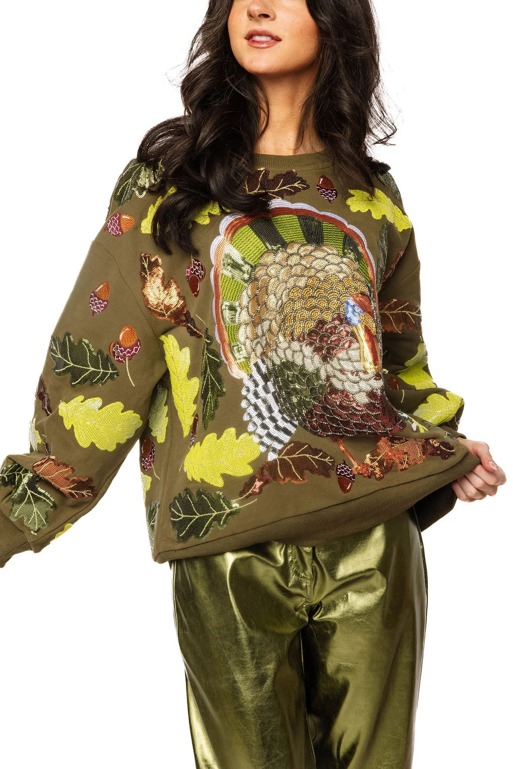 Queen Of Sparkles Olive Green Multi Turkey & Leaves Sweatshirt