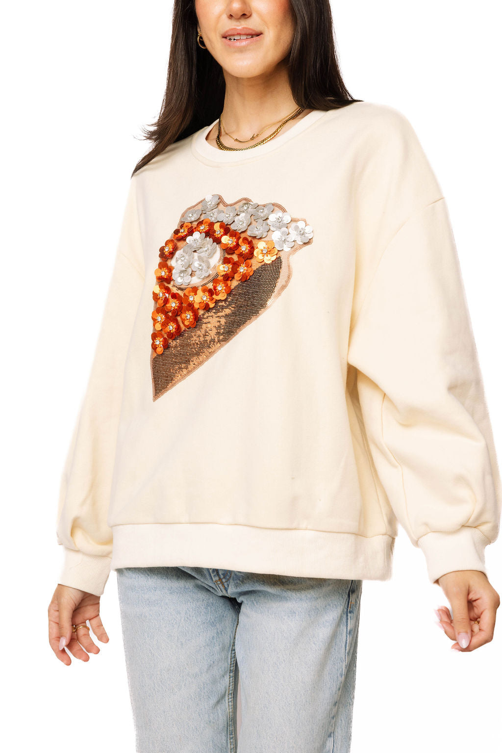 Queen Of Sparkles Beige Sequin Flower Pie Slice Sweatshirt