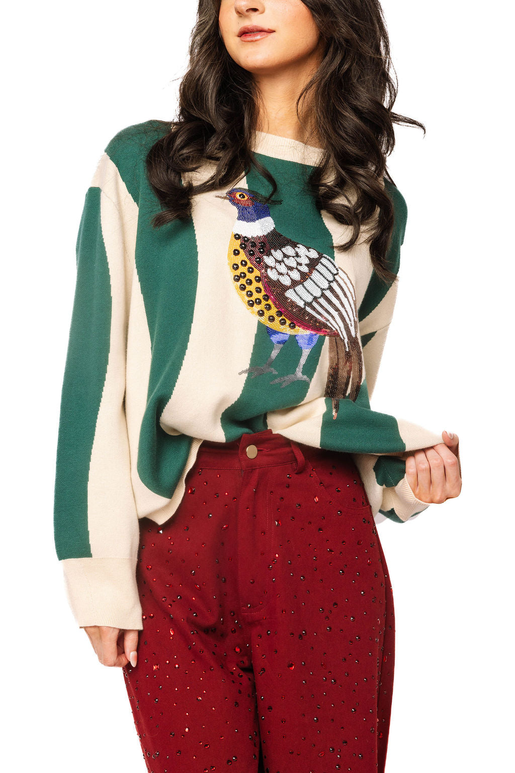 Queen Of Sparkles Teal & Beige Wavy Stripe Pheasant Sweater