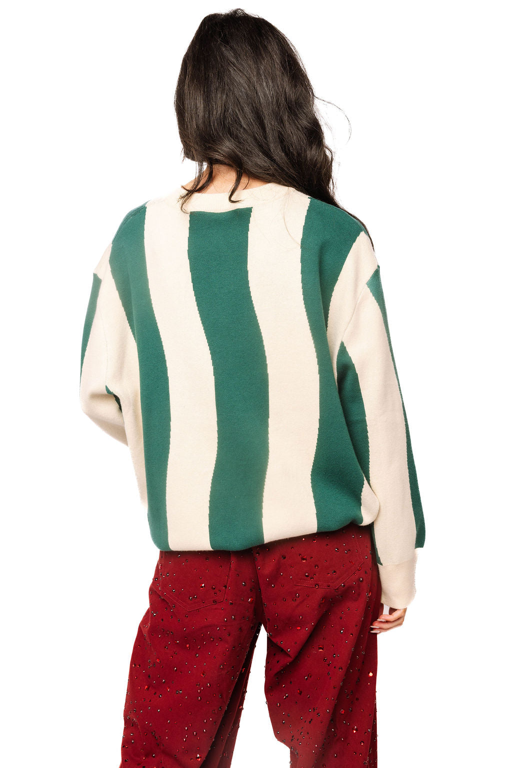 Queen Of Sparkles Teal & Beige Wavy Stripe Pheasant Sweater