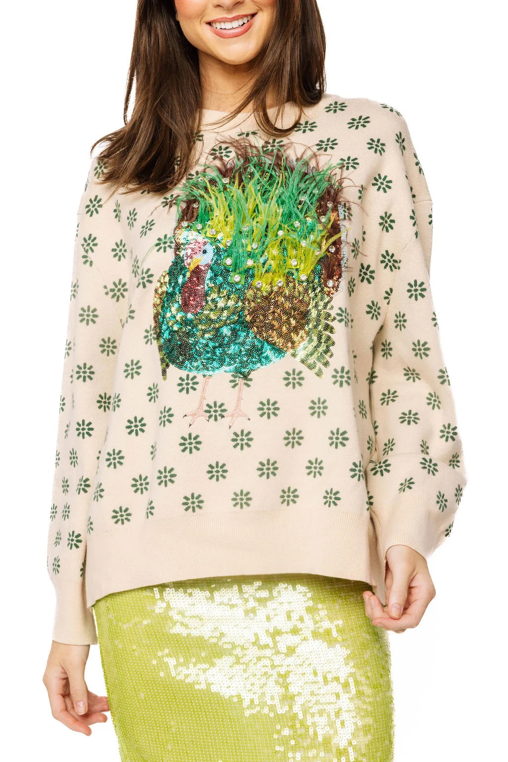 Queen Of Sparkles Beige & Green Flower Print Feather Turkey Sweater