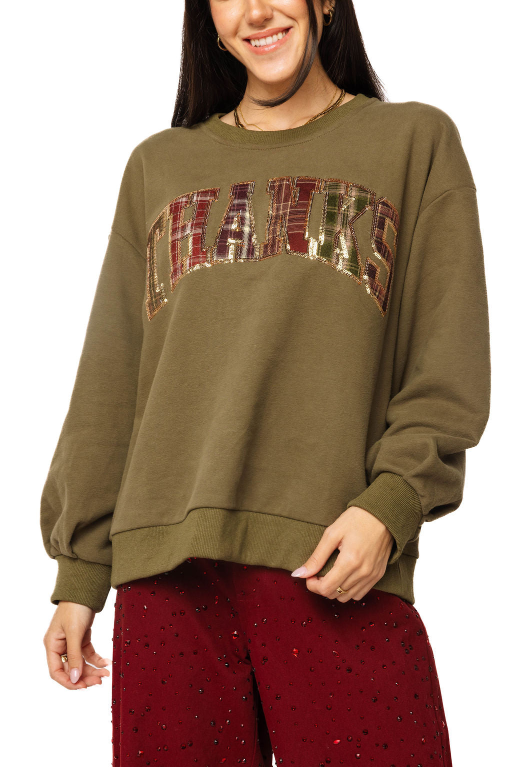 Queen Of Sparkles Brown Plaid 'Thanks' Sweatshirt