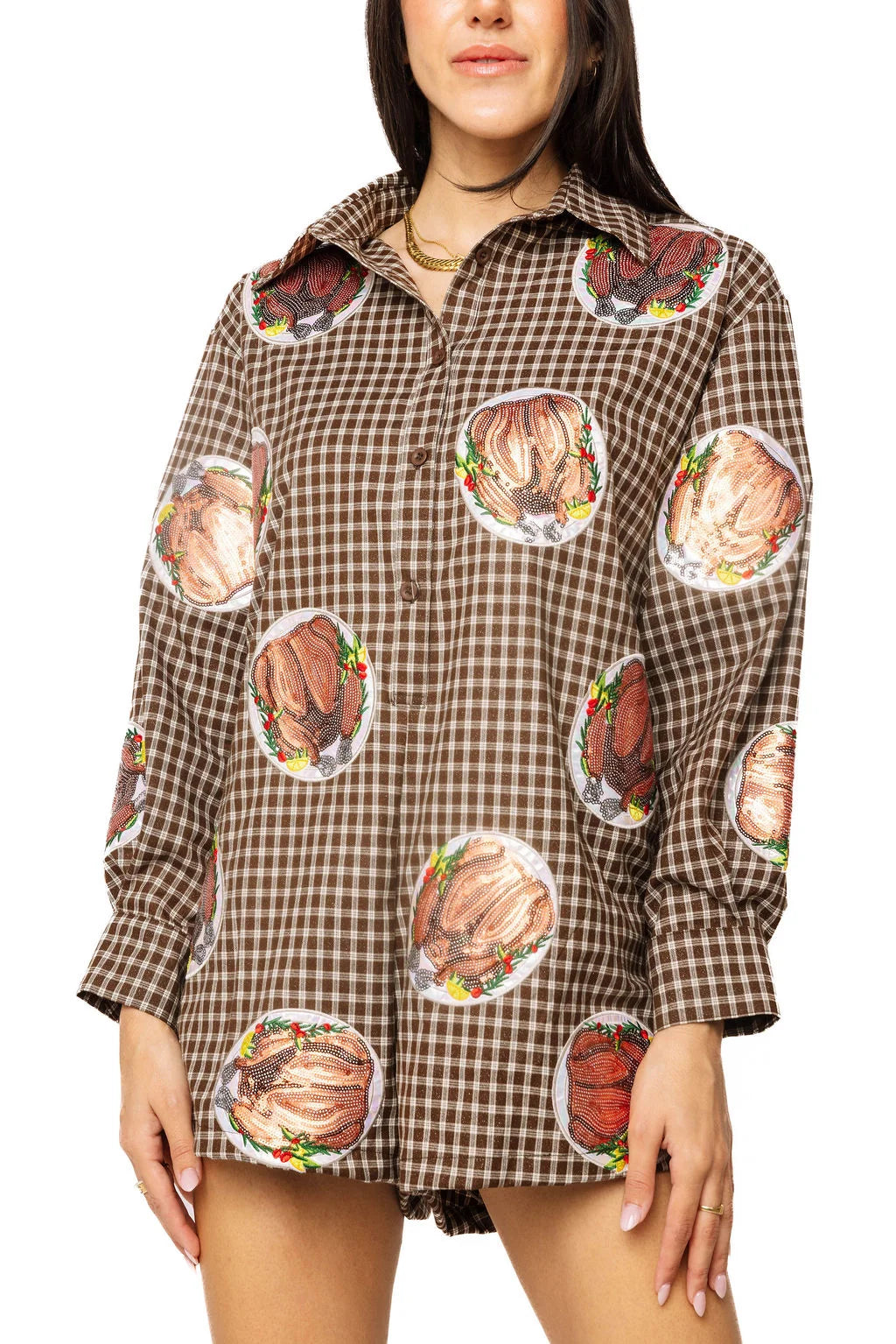 Queen Of Sparkles Brown Plaid Turkey on Plates Button Up Romper