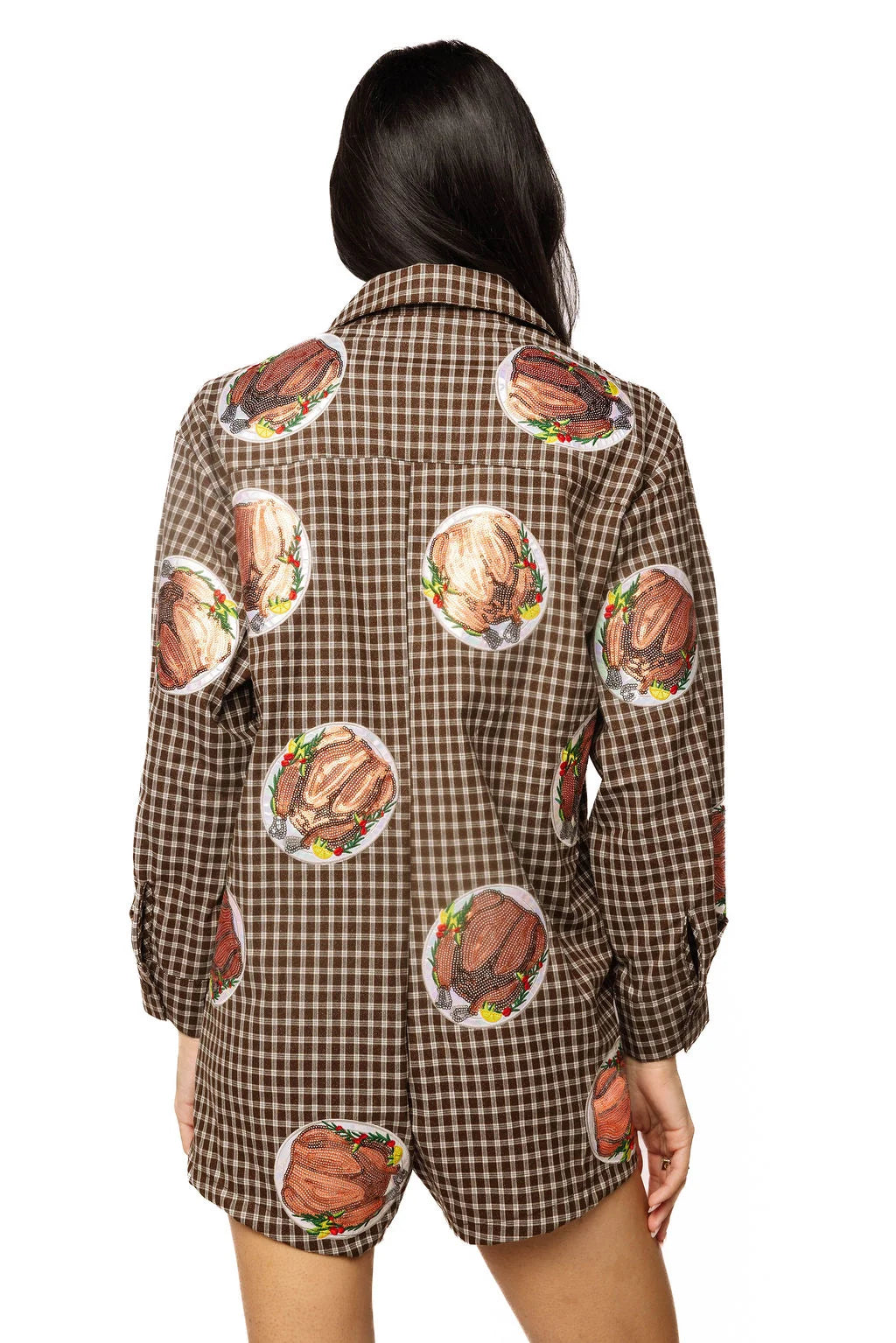 Queen Of Sparkles Brown Plaid Turkey on Plates Button Up Romper