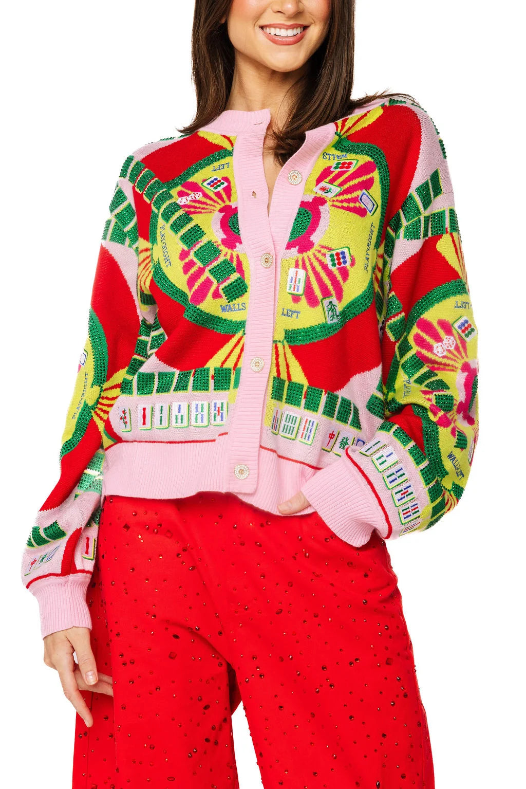 Queen Of Sparkles Light Pink Multi Mahjong Button Up Cardigan