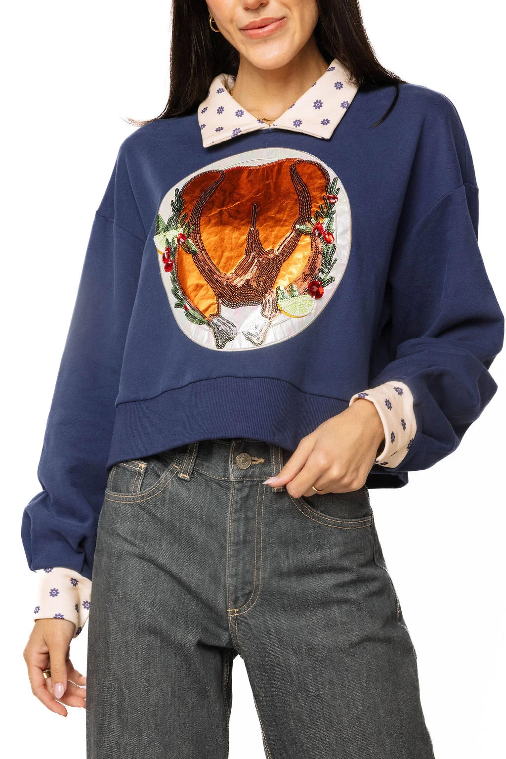 Queen Of Sparkles Navy Polkadot Collar Turkey Sweatshirt