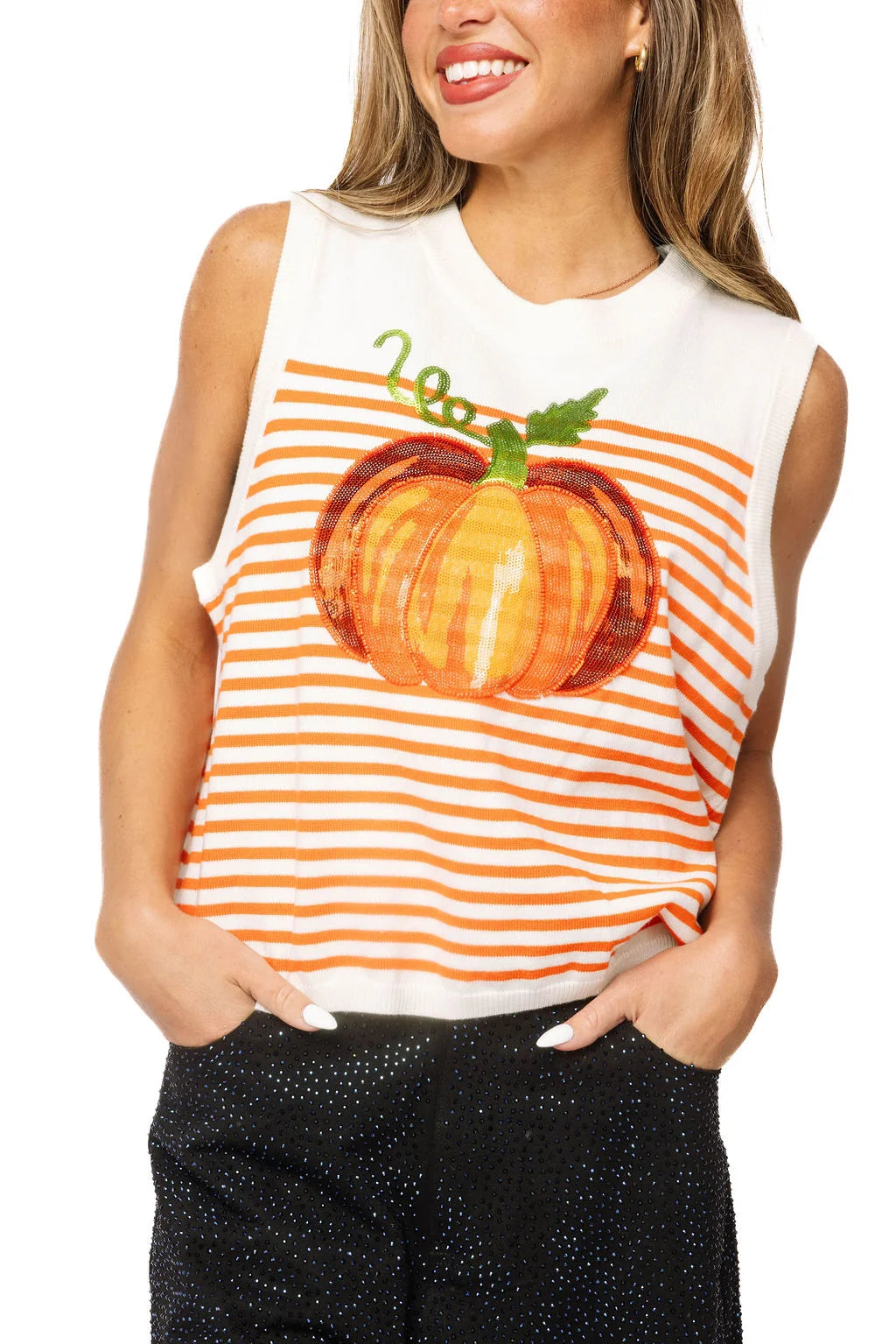 Queen Of Sparkles Ivory & Orange Striped Pumpkin Knit Tank
