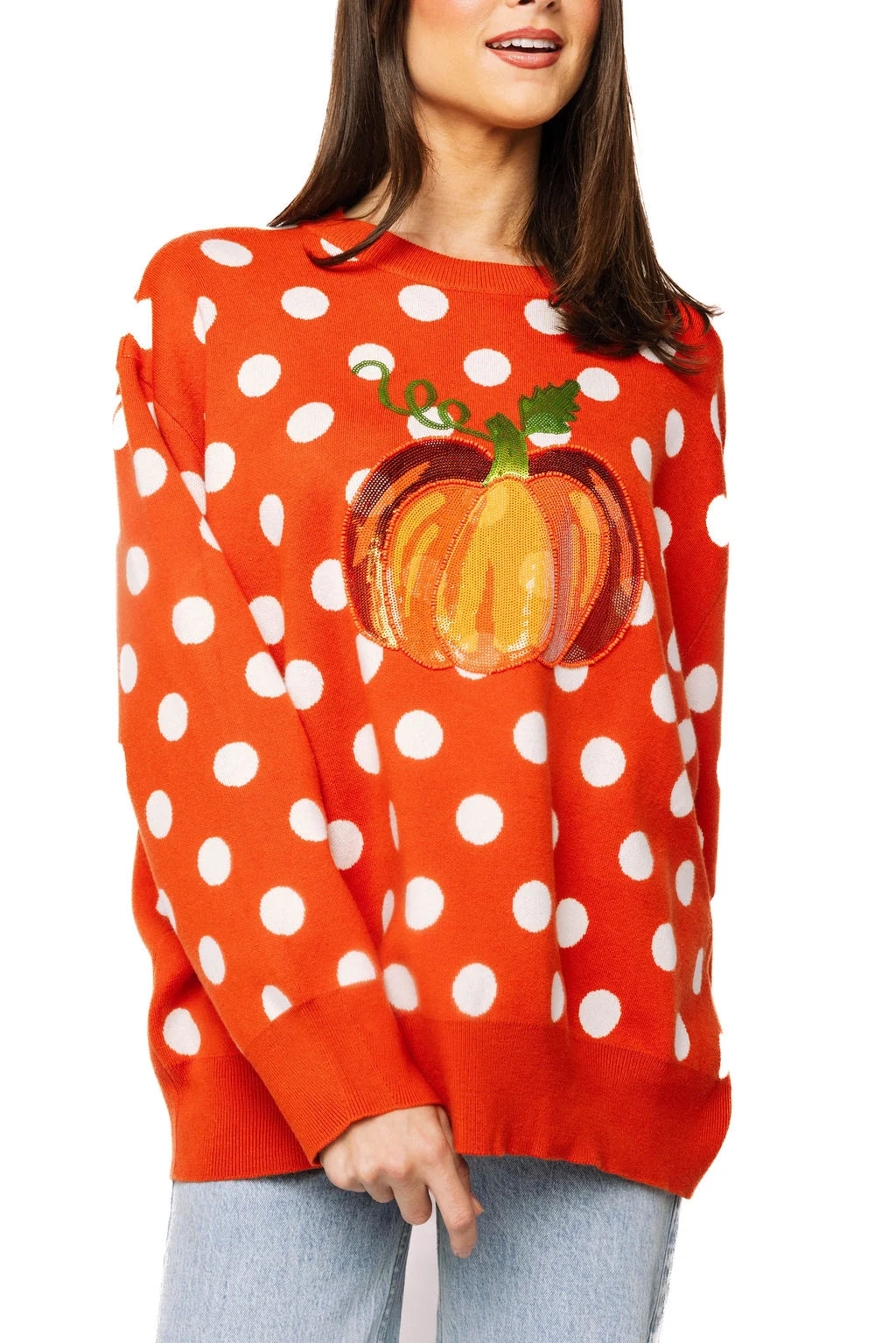 Queen Of Sparkles Orange Polkadot Pumpkin Sweater