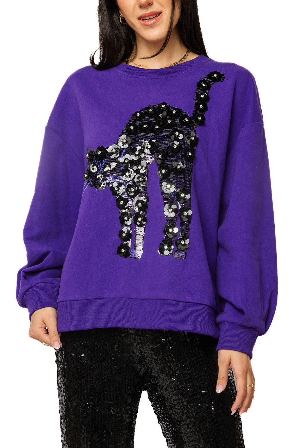 Queen Of Sparkles Purple & Black Sequin Flower Cat Sweatshirt
