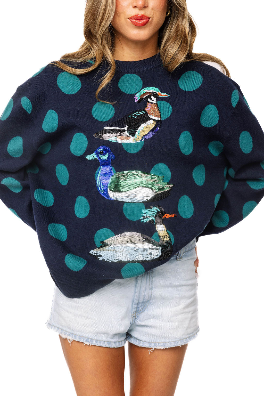Queen Of Sparkles Navy Polkadot Duck Sweater