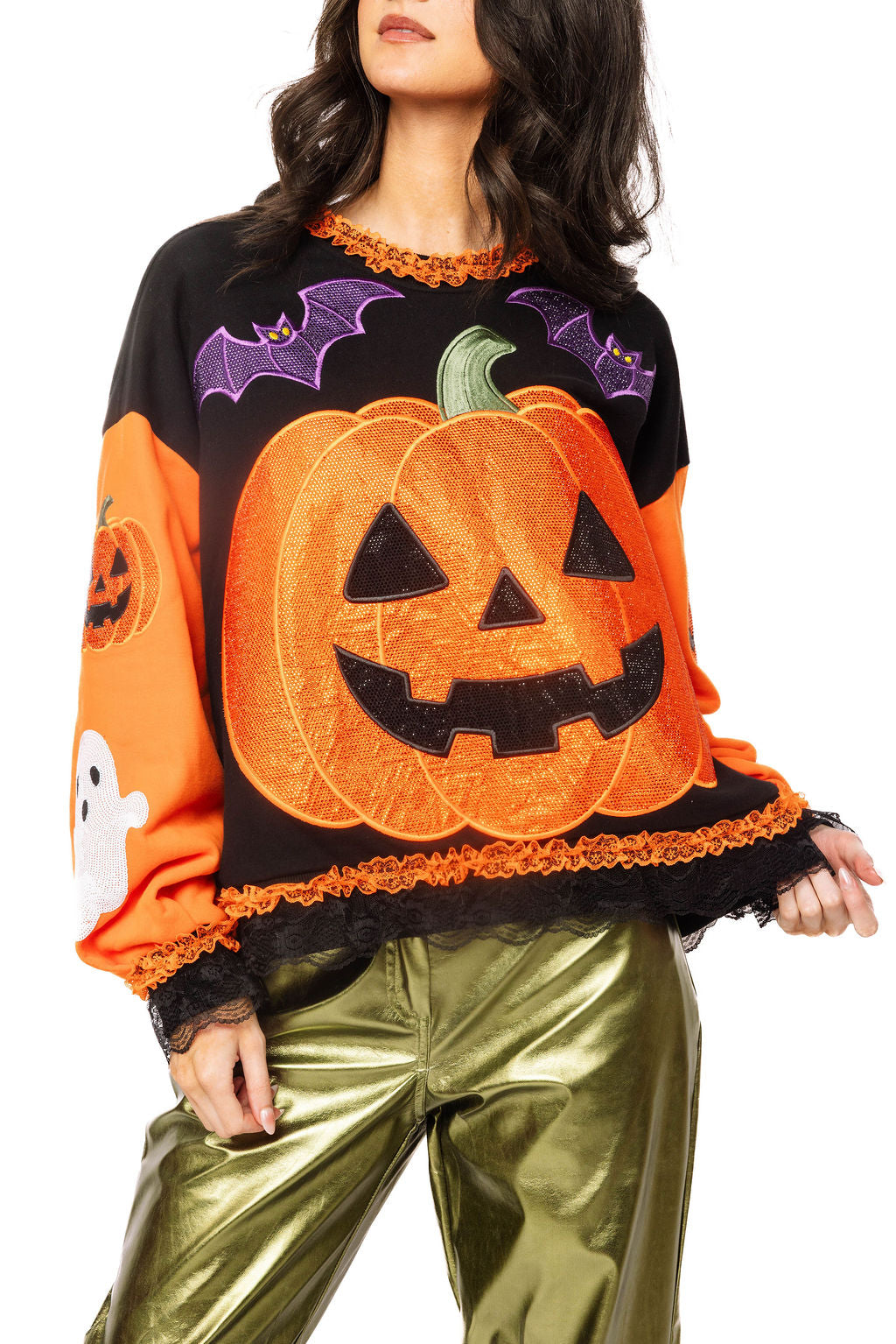 Queen Of Sparkles Multi Ruffle Lace Trim Pumpkin & Bat Sweatshirt