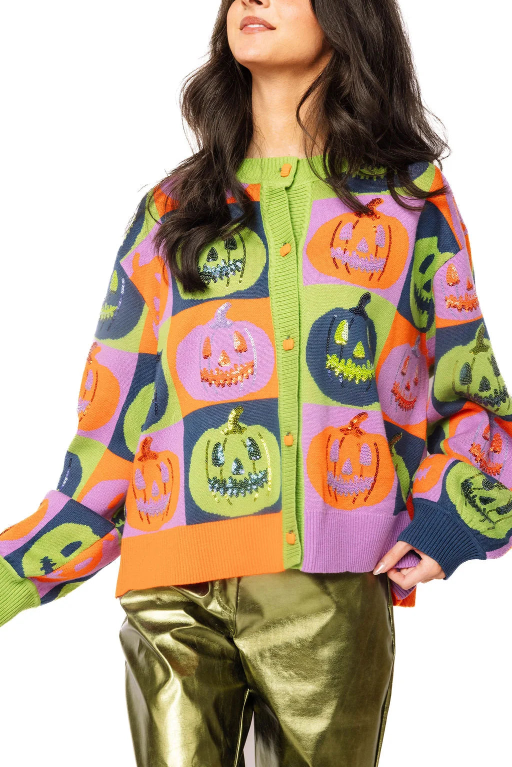 Queen Of Sparkles Multi Checkered Pumpkin Button Up Cardigan