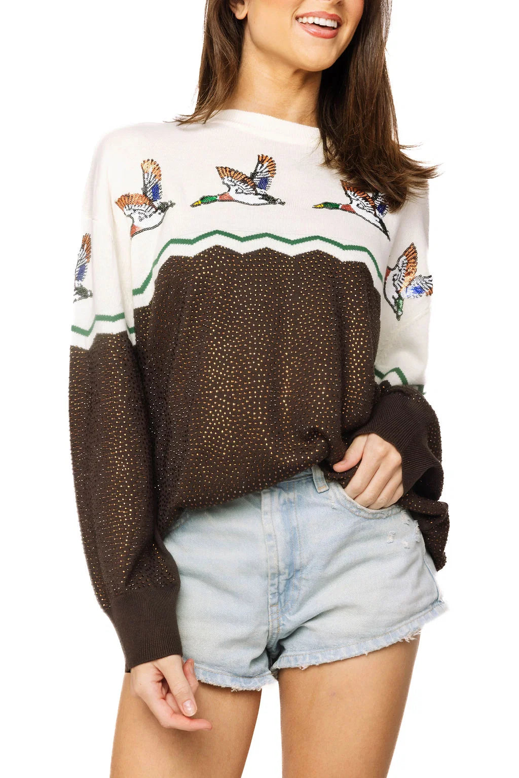 Queen Of Sparkles Brown & Ivory Colorblock Duck Rhinestone Sweater