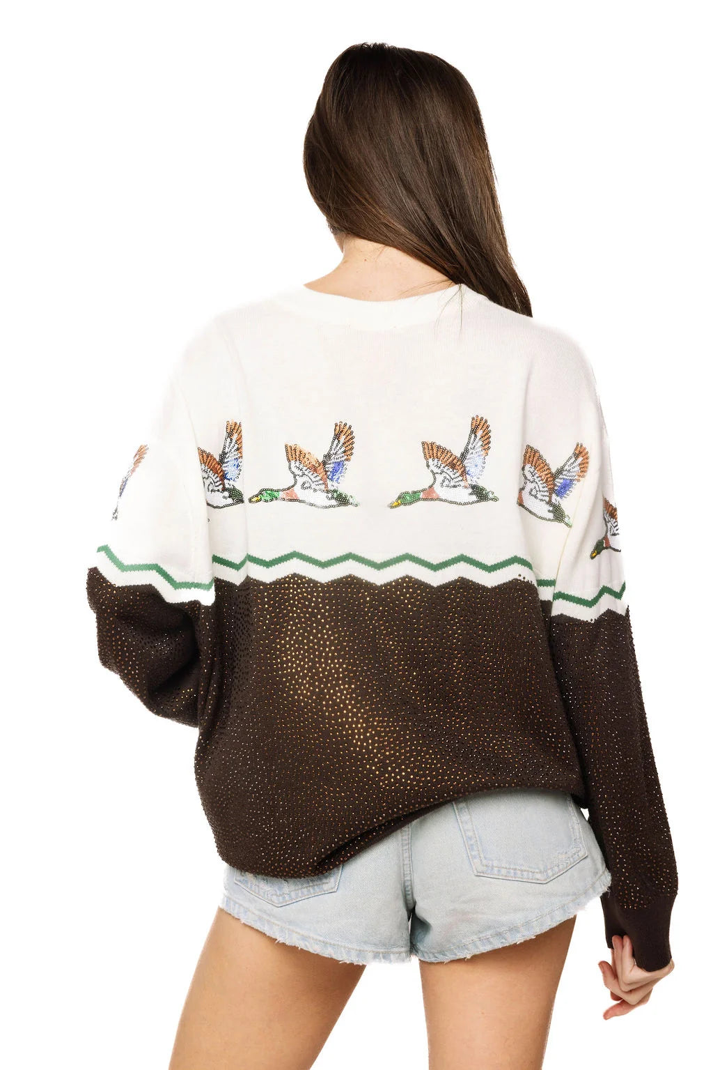 Queen Of Sparkles Brown & Ivory Colorblock Duck Rhinestone Sweater