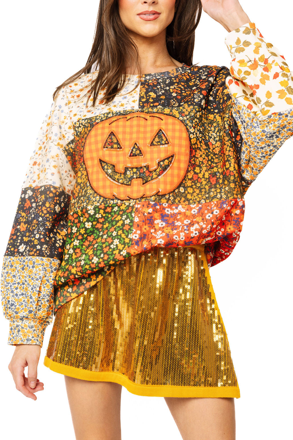 Queen Of Sparkles Colorblock Floral Print Gingham Pumpkin Sweatshirt