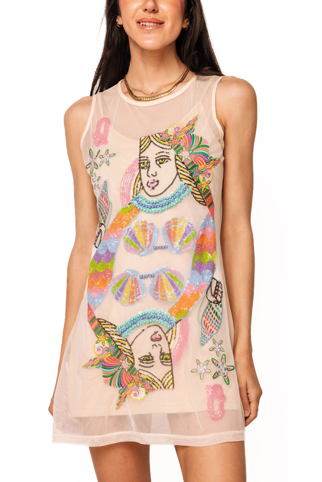 Queen Of Sparkles Beige Beach QOS Queen Card Sheer Tank Coverup