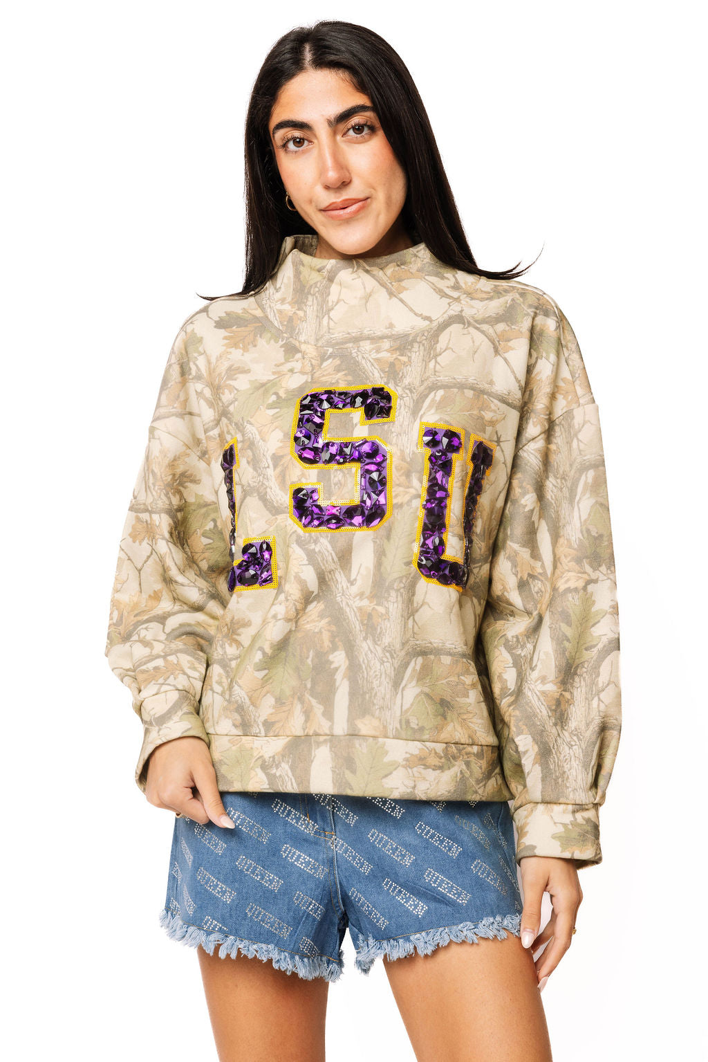 Queen Of Sparkles Licensed LSU Mock Neck Camo Sweatshirt