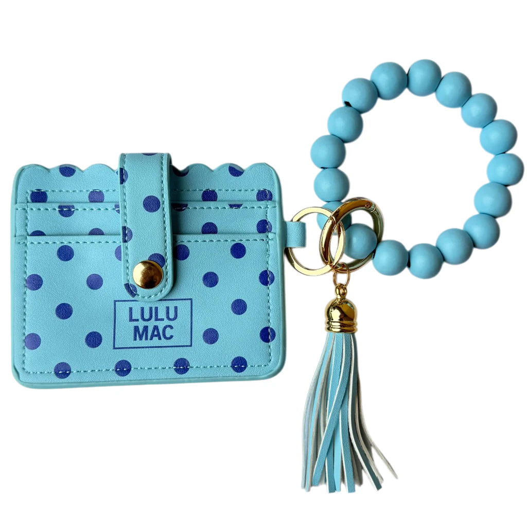 Lulu Mac Beaded Wristlet ID Wallet Blue/Navy Polka Dot