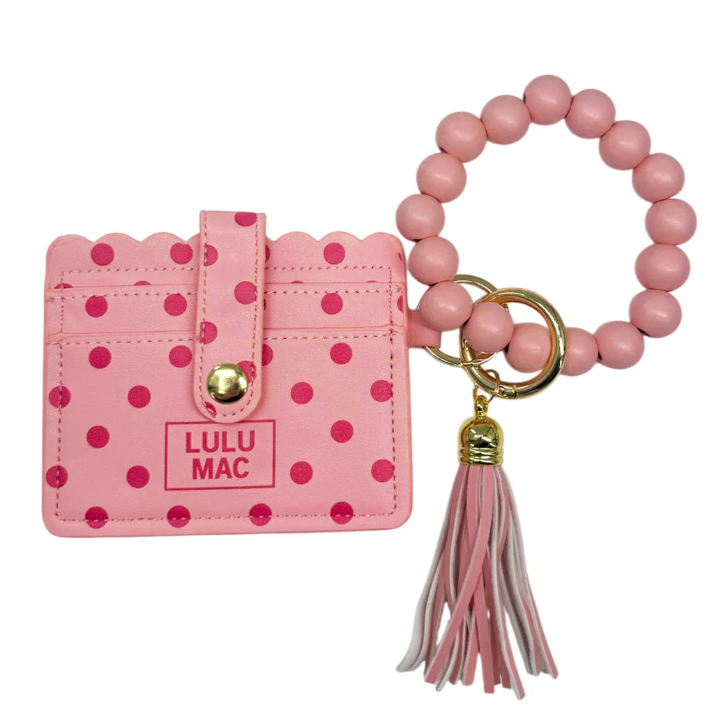 Lulu Mac Beaded Wristlet ID Wallet Pink/Hot Pink Polka Dot