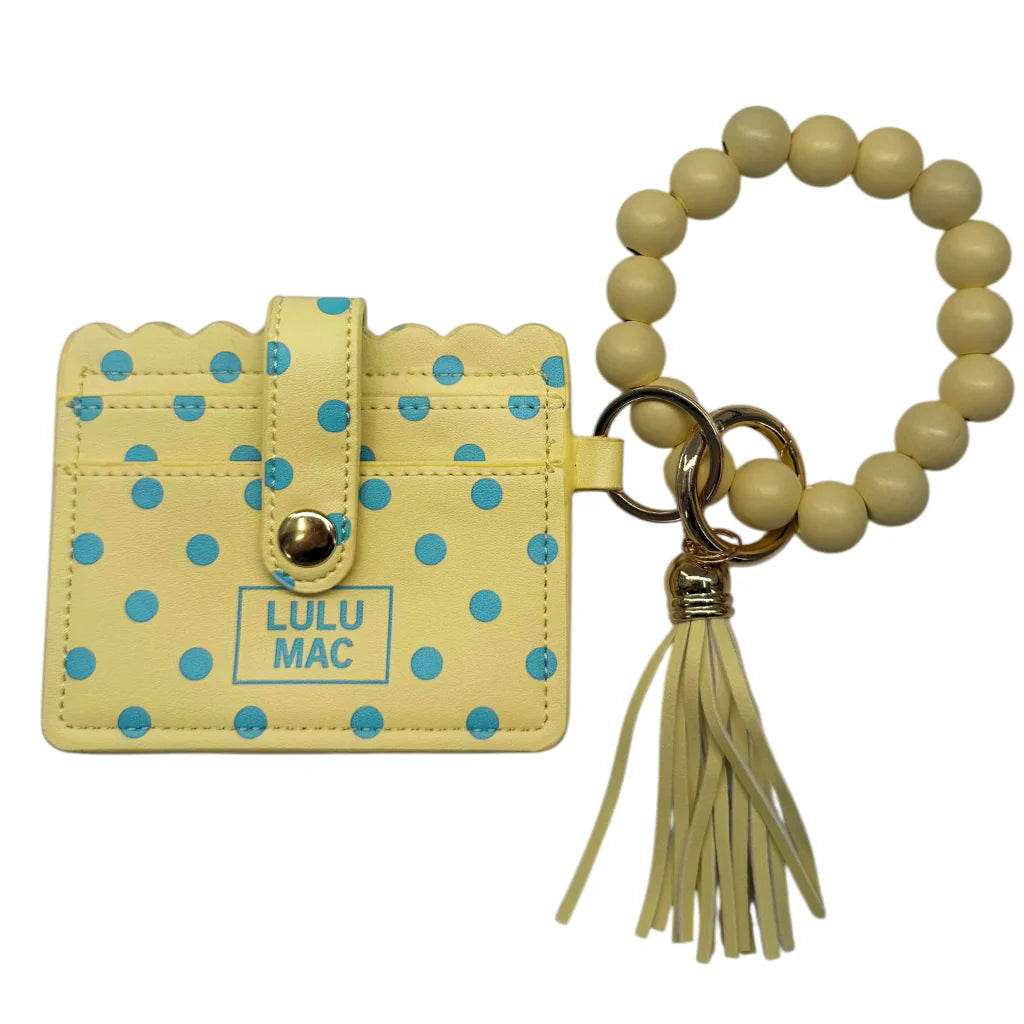 Lulu Mac Beaded Wristlet ID Wallet Yellow/Blue Polka Dot