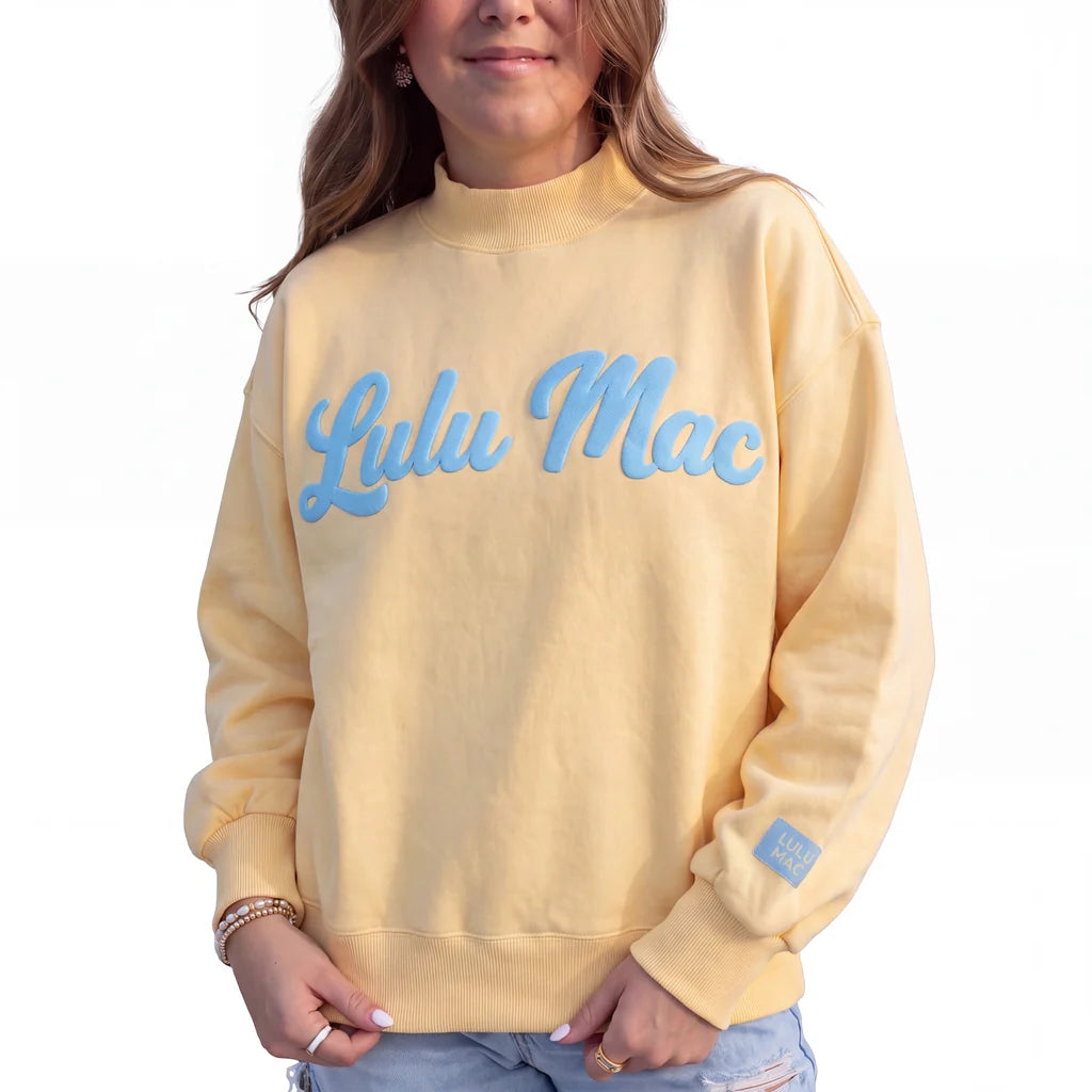 Lulu Mac Butter/Light Blue Script Mock Neck Sweatshirt
