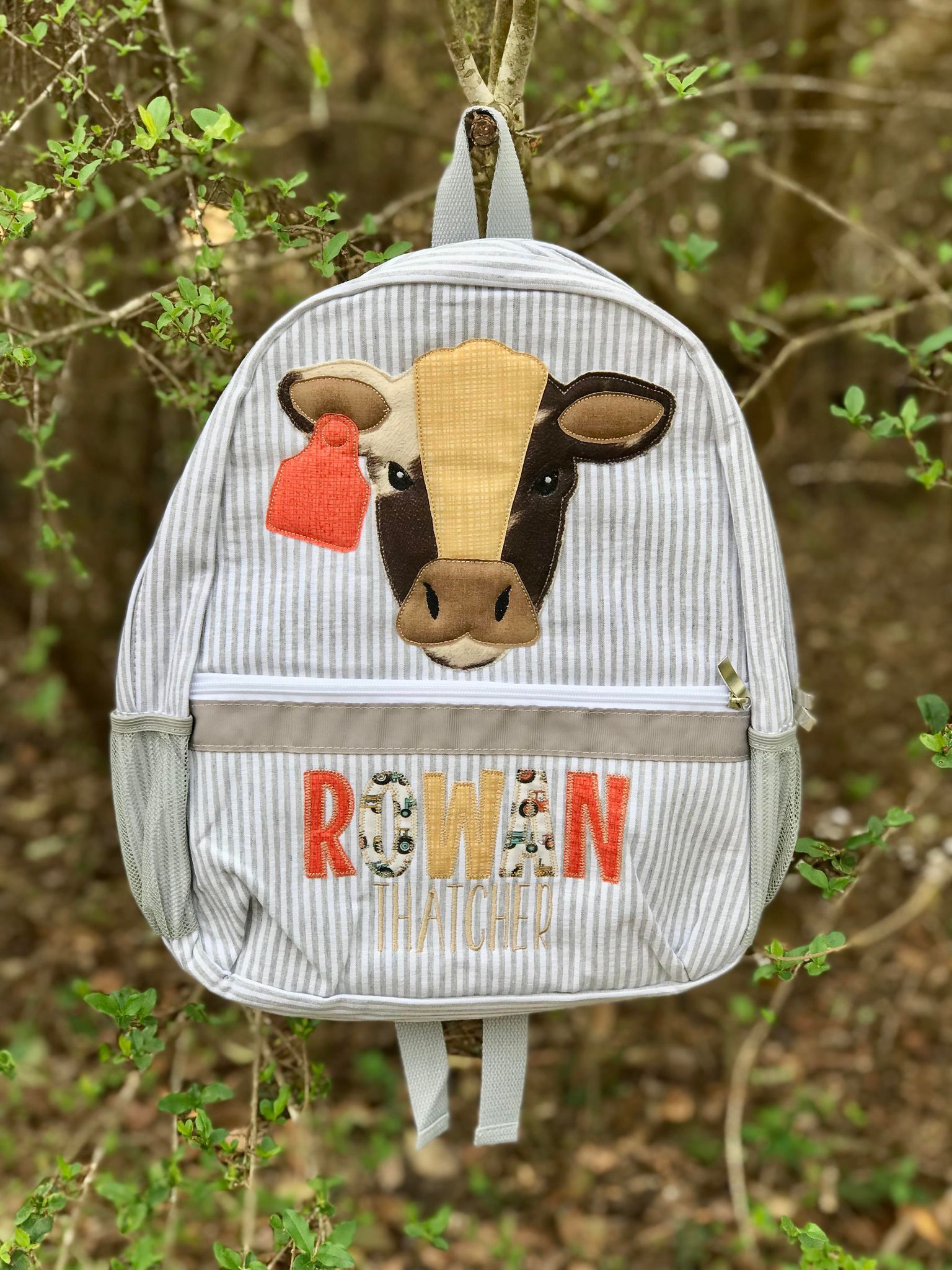 Tractor Cow Grey Seersucker Bag